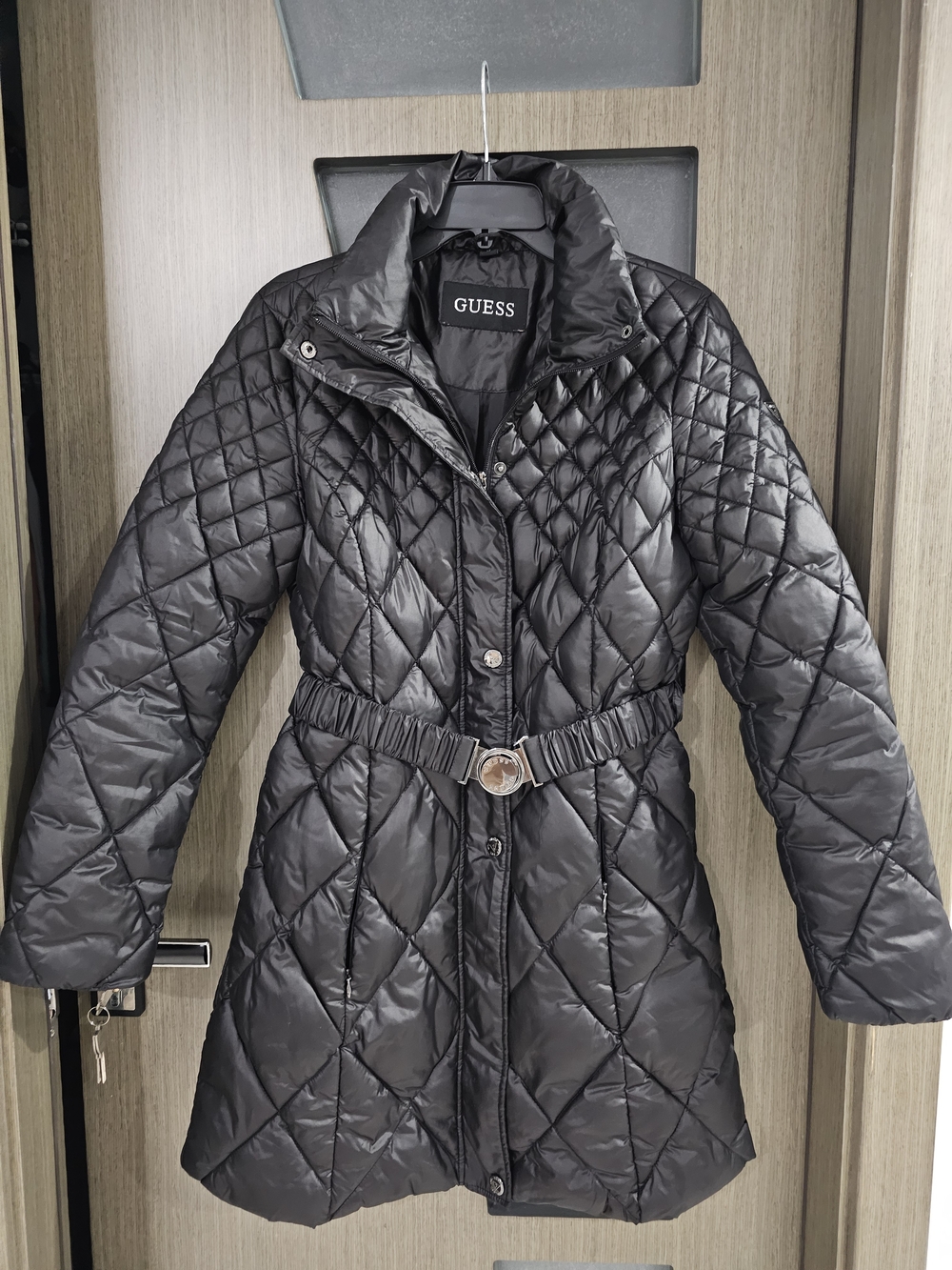 GUESS Black Quilted Belted Puffer Coat